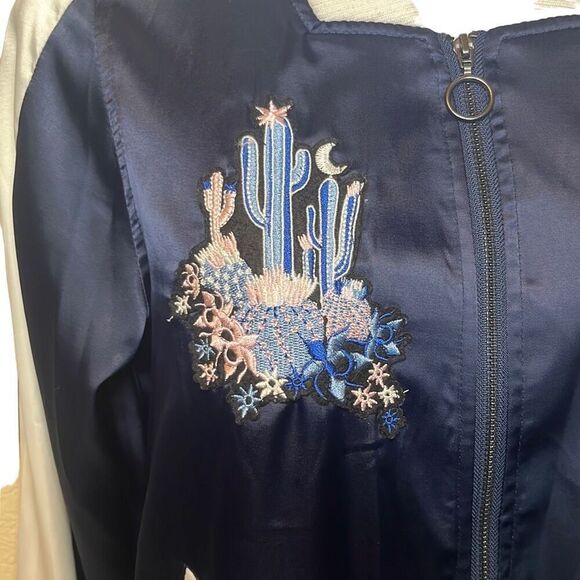 Juicy Couture Y2K Vintage Navy White Cactus Applique Satin Bomber Jacket Small - Picture 3 of 10